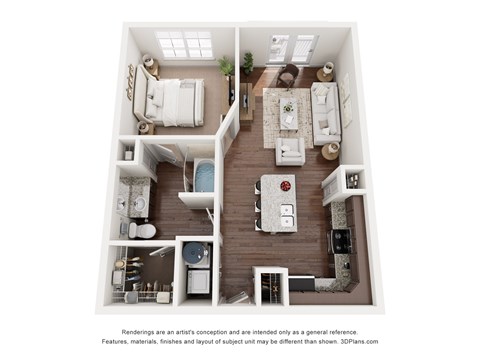 Floor plan for 1 bed, 1 bath, 851 sqft